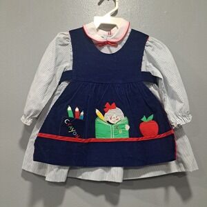 Vintage Back to School Corduroy Pinafore Dress Set Navy Blue Apple ABC 2T
